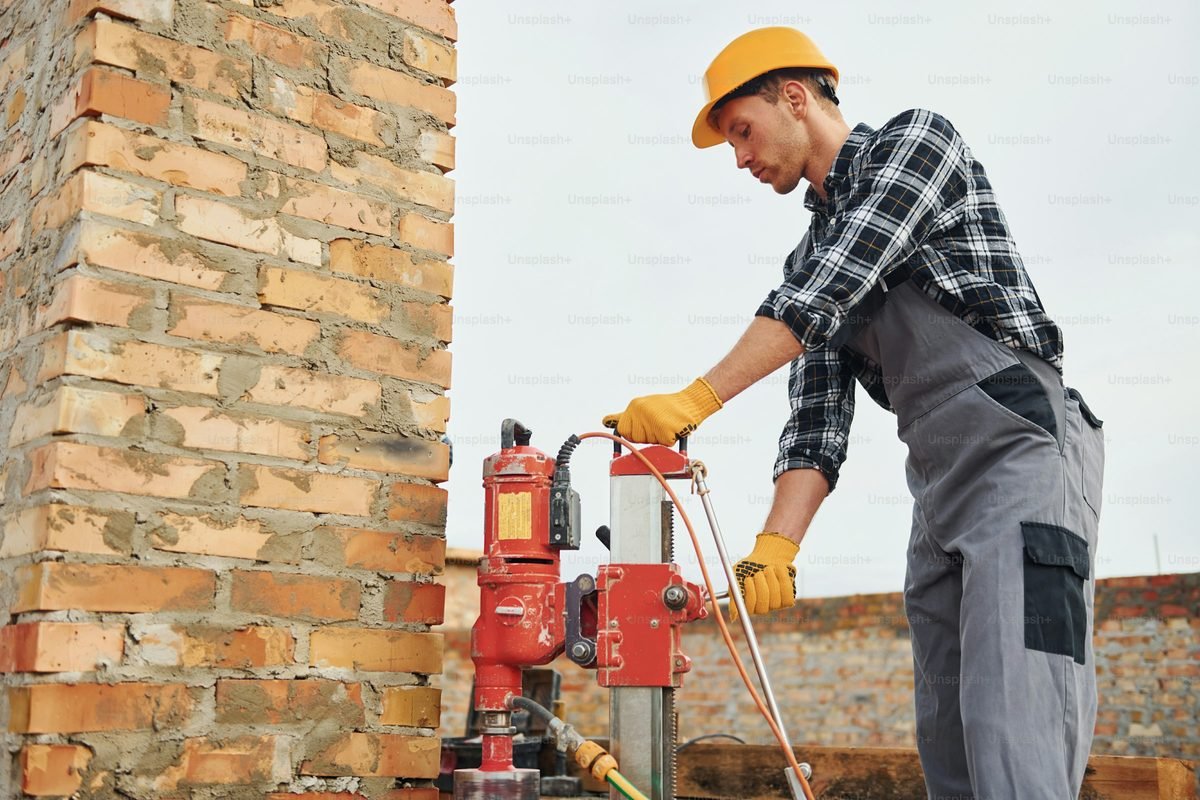 Core drilling rig set up against a brick wall